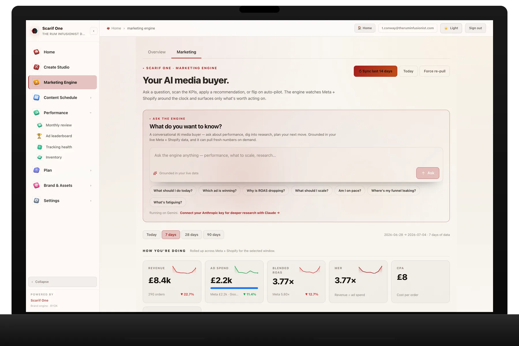 Marketing Engine with ask-anything AI media buyer and live KPI strip